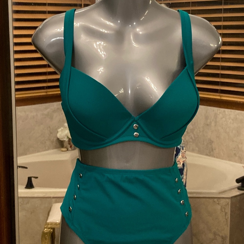 Kelly green two piece bathing suit.